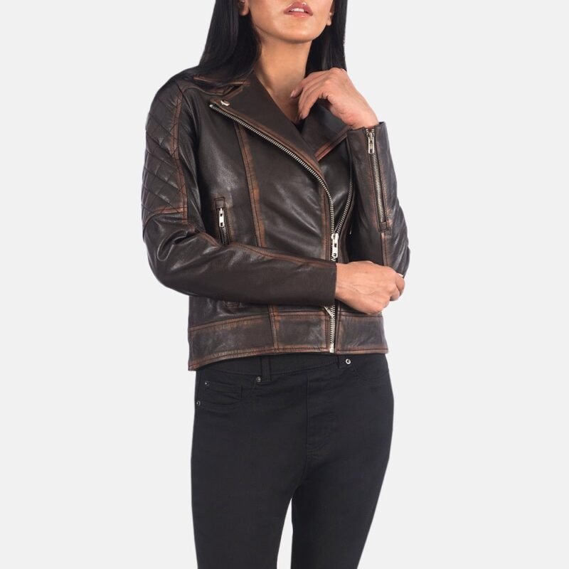 Carolyn Quilted Vintage Brown Biker Jacket - Pelleaura | Premium Quality Leather Stuff Brand USA