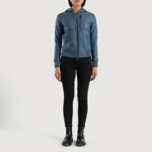 Luna Blue Hooded Leather Bomber Jacket - Pelleaura | Premium Quality Leather Stuff Brand USA