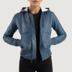 Luna Blue Hooded Leather Bomber Jacket - Pelleaura | Premium Quality Leather Stuff Brand USA