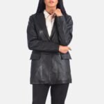 Marilyn Black Leather Blazer for Women - Pelleaura | Premium Quality Leather Stuff Brand USA